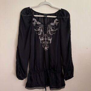 White House Black Market Sheer Blouse Top XS Black Embroidery Front couquette